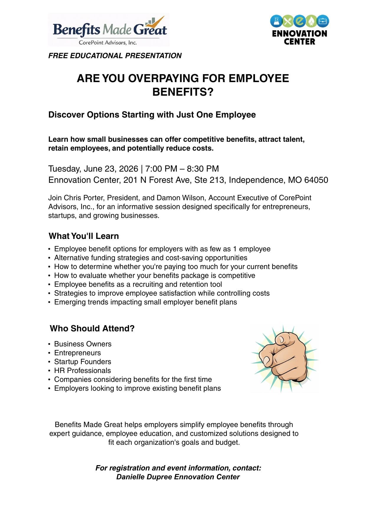 Flyer for Benefits Made Great free educational presentation at Ennovation Center, Tuesday June 23 2026, 7:00-8:30 PM, Independence MO